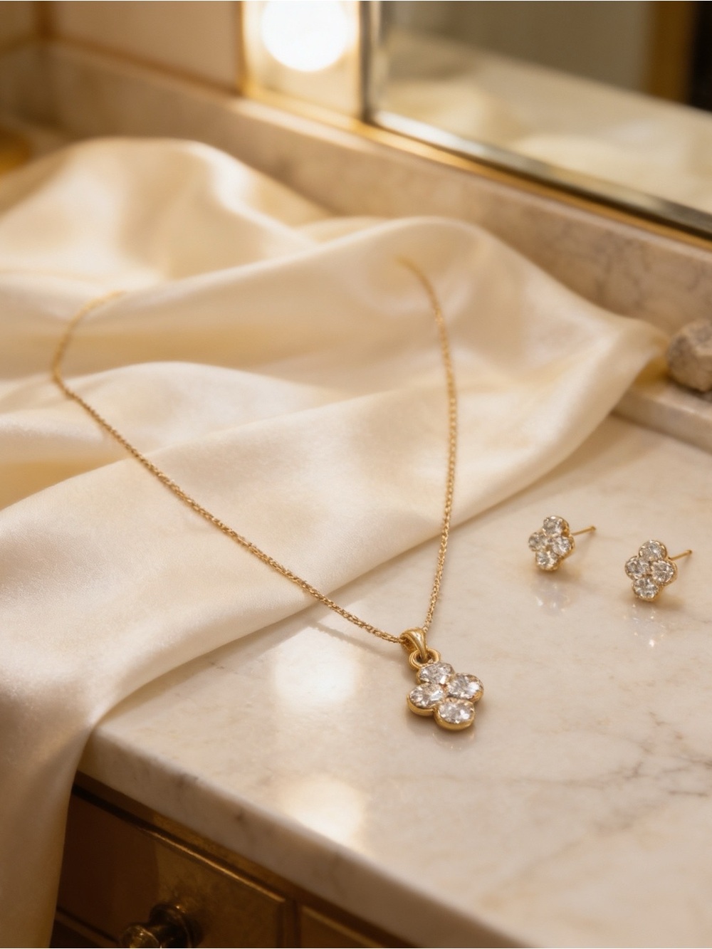 Elegant Clover Crystal Necklace & Matching Stud Earrings